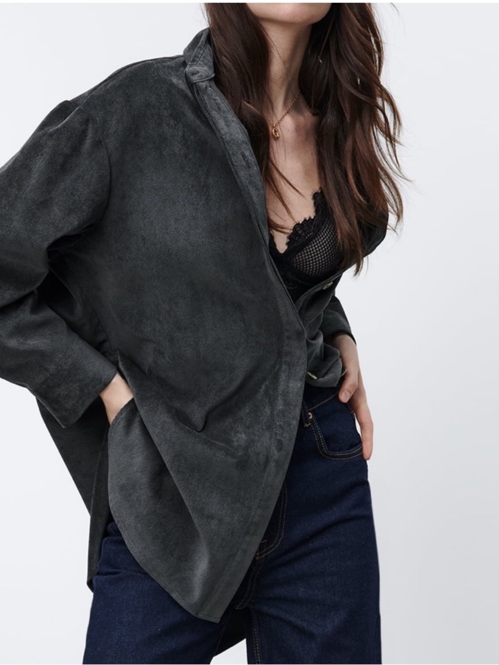 Zara Charcoal Corduroy Oversized Button Down Shirt Size Medium